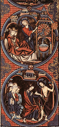 I dette middelaldermanuskript illustreres beretningen om kong Ezekias fra 2. Kongebog (Bodleian Library, Oxford).