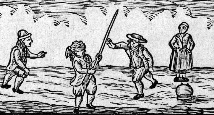 Fastelavn blev bl.a. fejret med legen 'blindebuk', hvor det drejer sig om med bind for øjenene at slå en 'rumle-potte' itu. (Det Kgl. Bibl.)