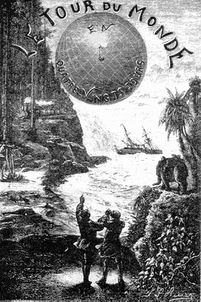 Titelblad for den første udgave af Jules Vernes: Jorden rundt i 80 dage.