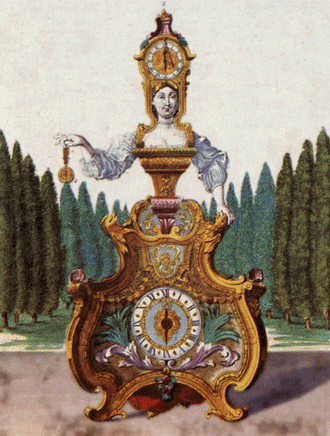 Martin Engelbrecht (1684 -1756). 'Kvinden med urene'. Kolereret kobberstik. Bibliotheque des Arts Decoratifs, Paris.