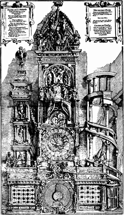 Tegning af det store astronomiske ur i Strasbourg domkirke.
