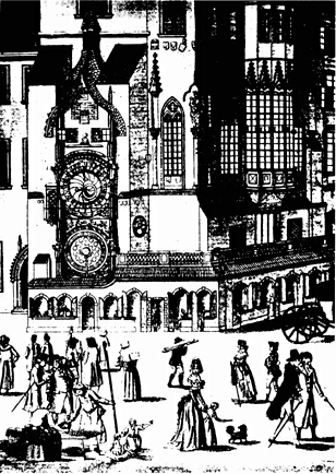 Tegning af det astronomiske ur i Prag og bybilledet omkring uret, som jo blev anset for byens stolthed.