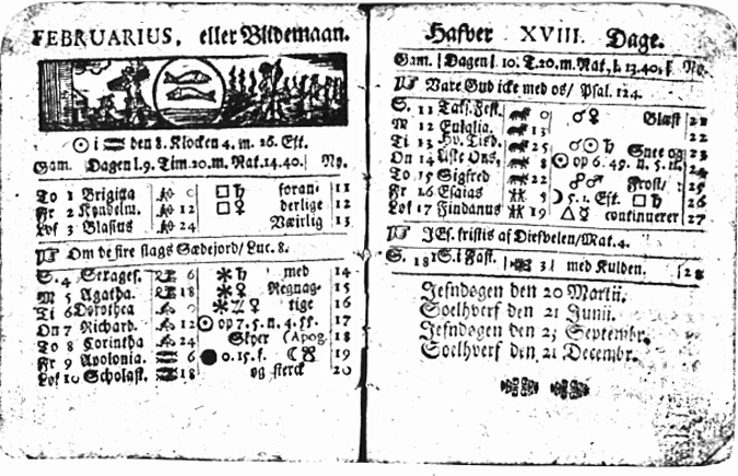 Dansk almanak for februar år 1700. Kalenderreformen blev i Danmark gennemført ved overgangen fra februar til marts dette år. 