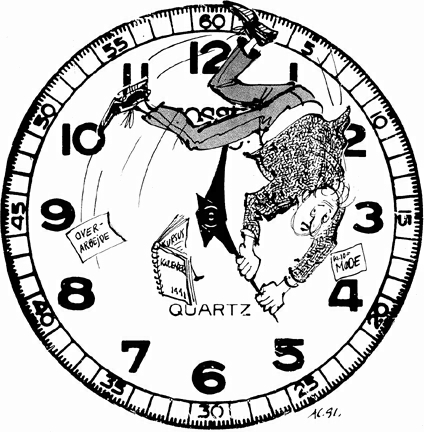 Denne tegning af Annette Carlsen illustrerer mange moderne menneskers oplevelse af den forjagede hverdag.