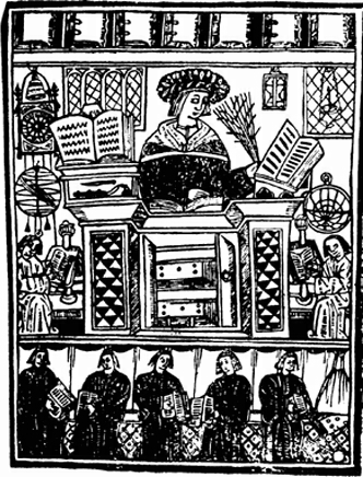 Figuren forestiller en lektion i astronomi i middelalderuniversitetet i Oxford.  - Følg de forskellige links nederst i tekstfeltet til venstre eller brug menu-knappen.