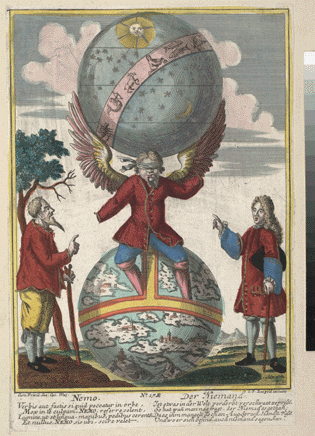 Illustration af den tanke, at nogle begivenheder ikke har nogen årsag. INGEN har gjort det! Billedet er stillet til rådighed af Det Kongelige Bibliotek.