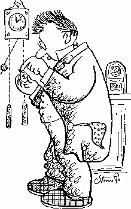 Om at stille ure frem og tilbage. Tegning af Storm P.  Copyright Storm P. Museet