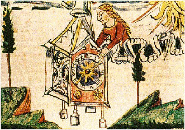 Tiden rækkes til menneskene som gave. Illustration fra fransk manuskript fra det 14. århundrede.