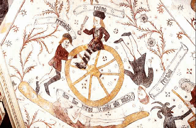 Kalkmaleri af et 'skæbnehjul' i Tingsted Kirke på Falster (1470) , som viser et som viser menneskets skiftende lykke. Teksten: 'Jeg vil regere, jeg regerer, jeg har regeret...'.  