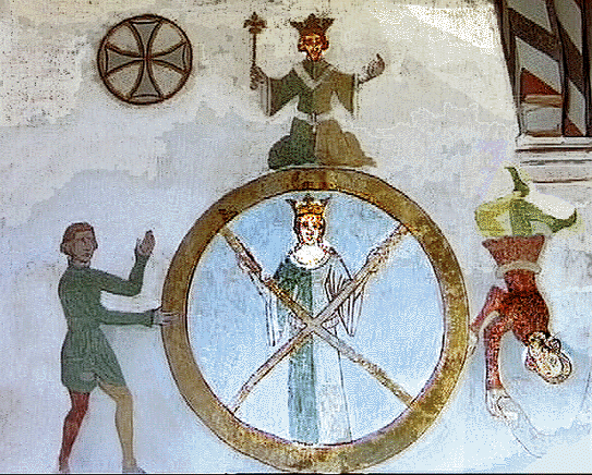 'Lykkehjul' ('skæbnehjul') fra Udby Kirke på Syd-Sjælland, som viser menneskets skiftende lykke. 