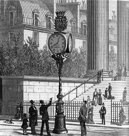 Tegning med offentligt ur i Paris sidst i 1800-tallet. Uret indgik i et system af ure, som blev synkroniseret med hydraulik.