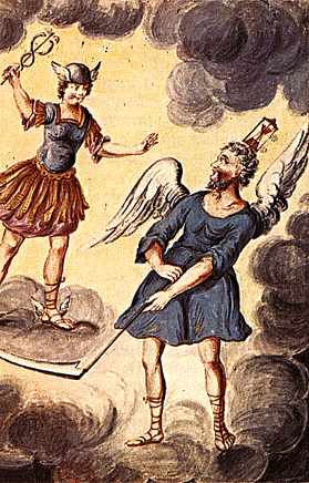 Møde mellem Fader Tid og Merkur. Dette 'møde' blev i alkymistisk sammenhæng tolket som en reaktion mellem bly og kviksølv. Bibliotèque Nationale, Paris.