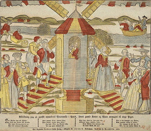 En noget speciel 'veiermølle', som maler gamle koner om til unge piger. Illustration udlånt af Det Kongelige Bibliotek.